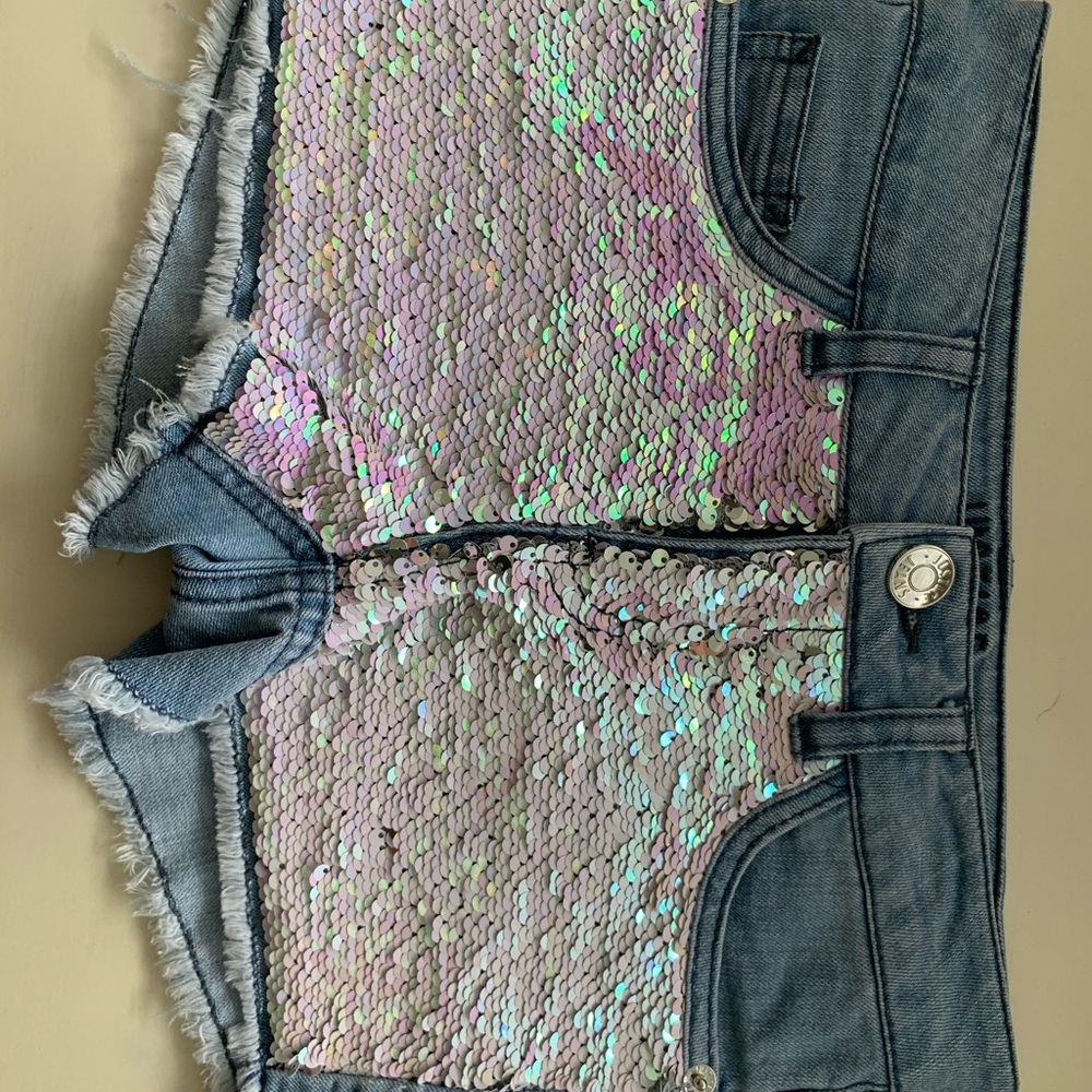 Justice reversible sequin front denim shorts